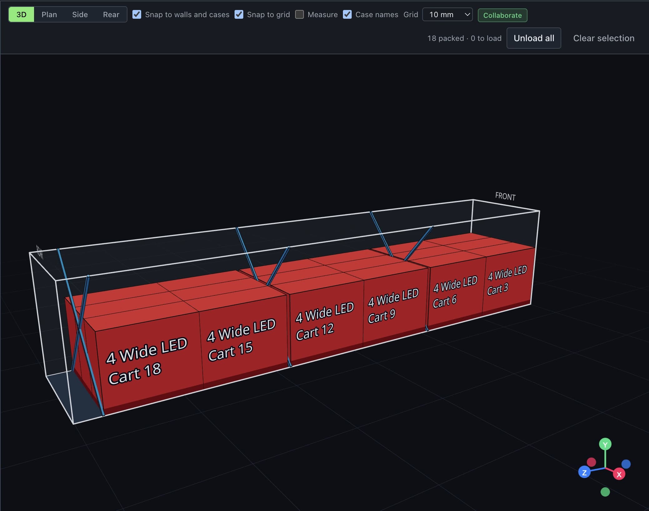 The 3D view with the case name stencilled on every case, and the crossed restraint straps drawn in where they secure the load.