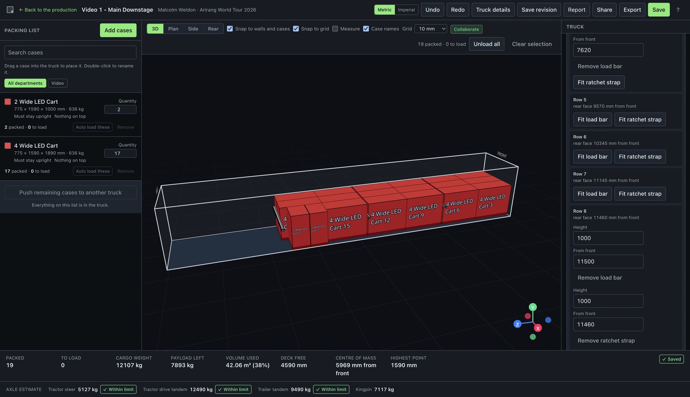 The Tourload editor: a packing list on the left, a 40 ft container loaded in 3D in the middle, vehicle details and load restraint on the right, and along the bottom the cargo weight, payload left, centre of mass and axle estimates for the tractor steer, drive tandem and trailer tandem, each marked within limit.